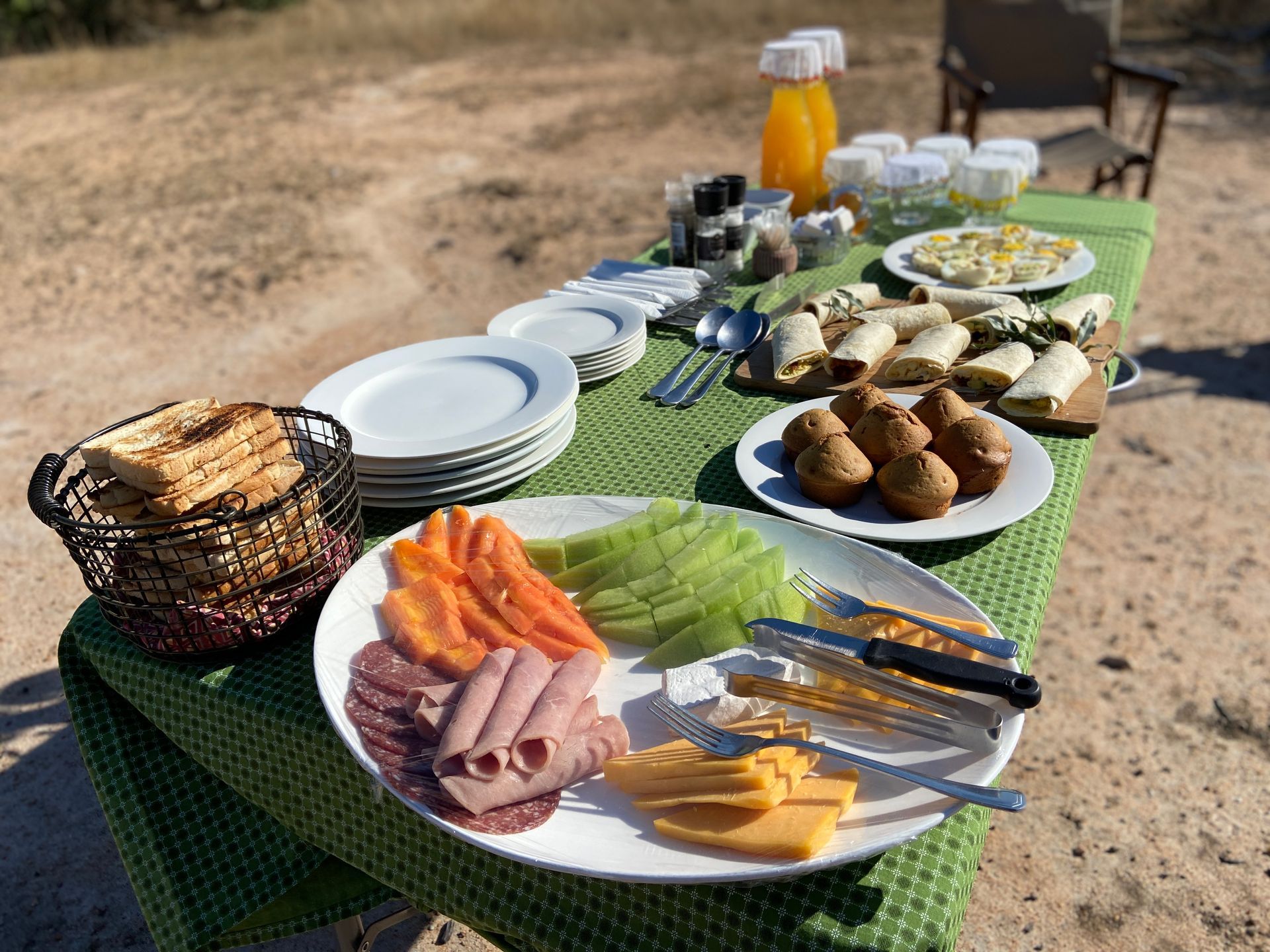An outdoor breakfast buffet on a green tablecloth, featuring fruit, meats, cheese, muffins, wraps, and juice bottles.