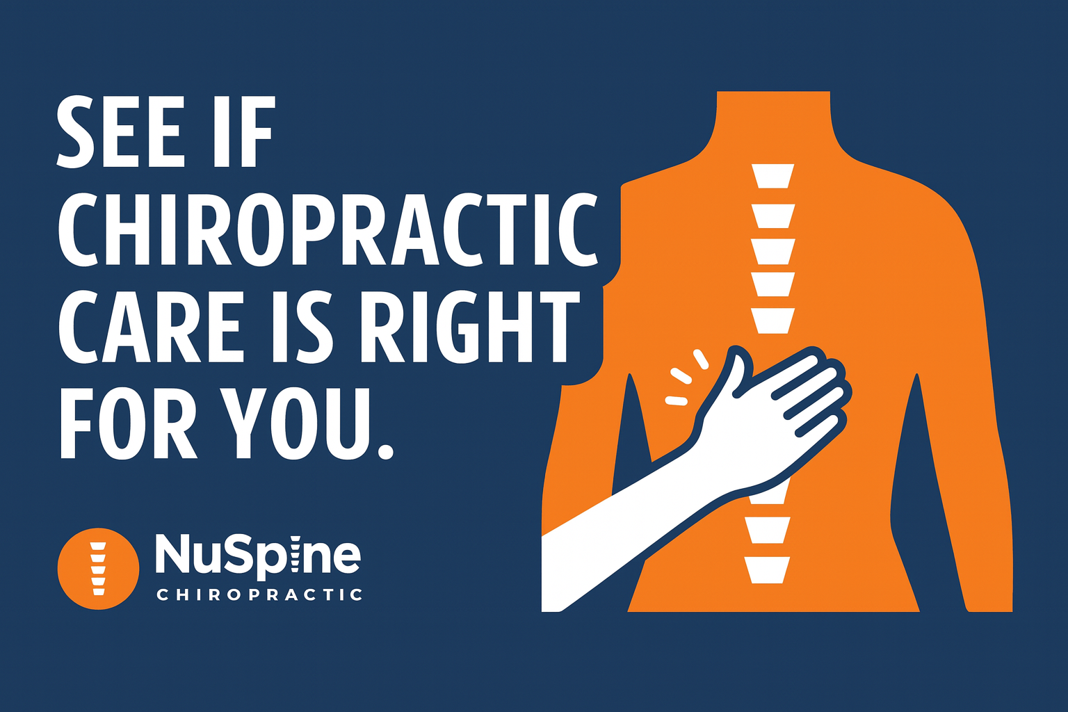 Anatomy of a spine highlighted in orange. Hand reaching to the side. Text: