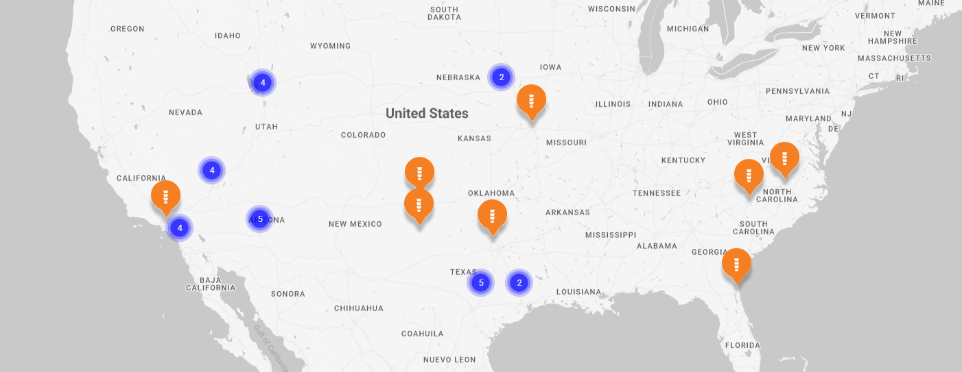 A map of the united states with pins on it.