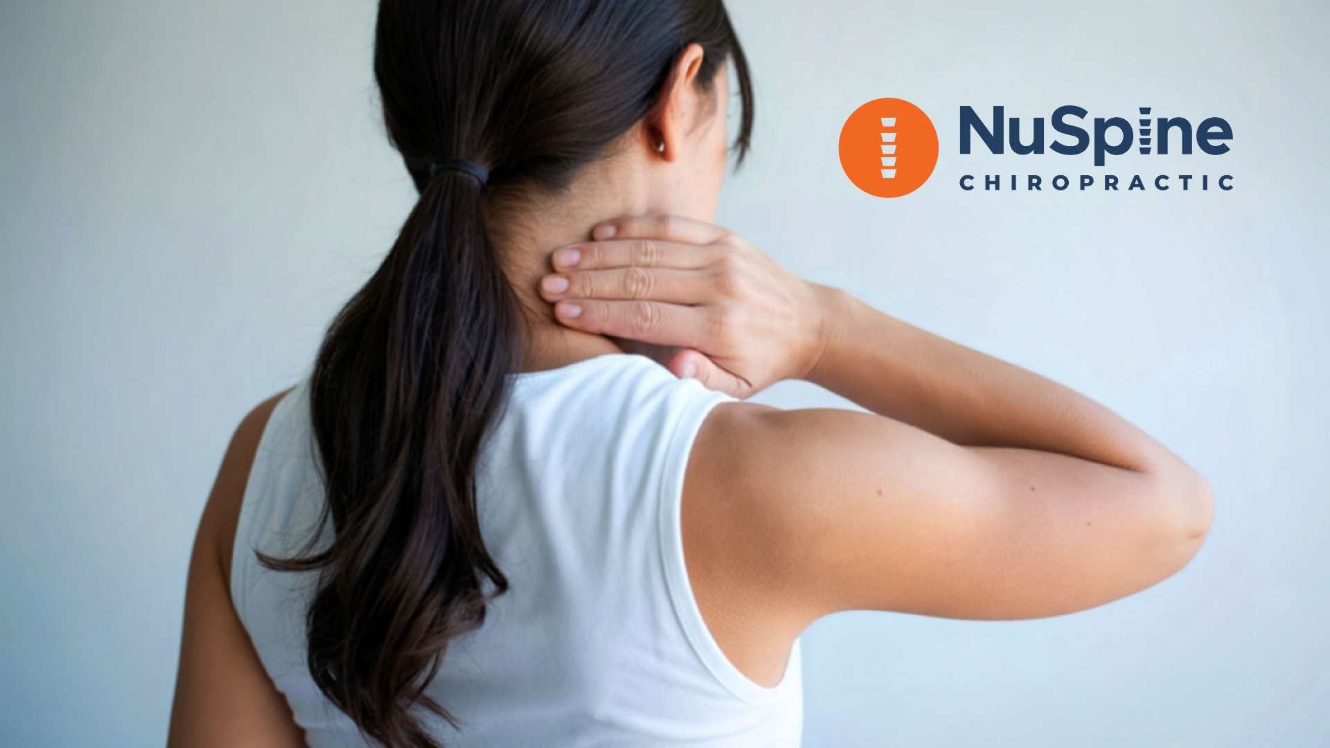 A person with their hand on their neck, expressing discomfort, next to the NuSpine Chiropractic logo on a white background.