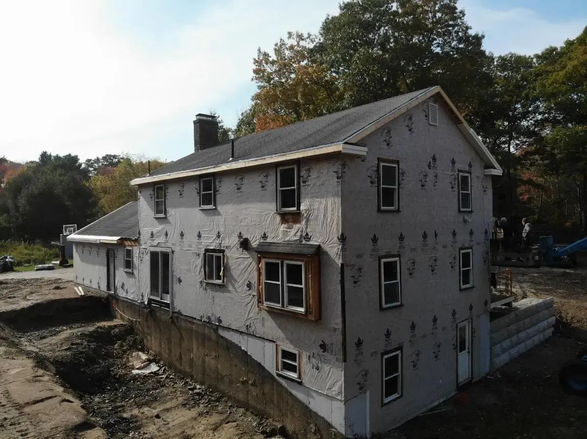 An aerial view of a house that is being built
