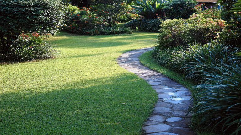 Curving stone path through a lush green garden with shrubs and trees