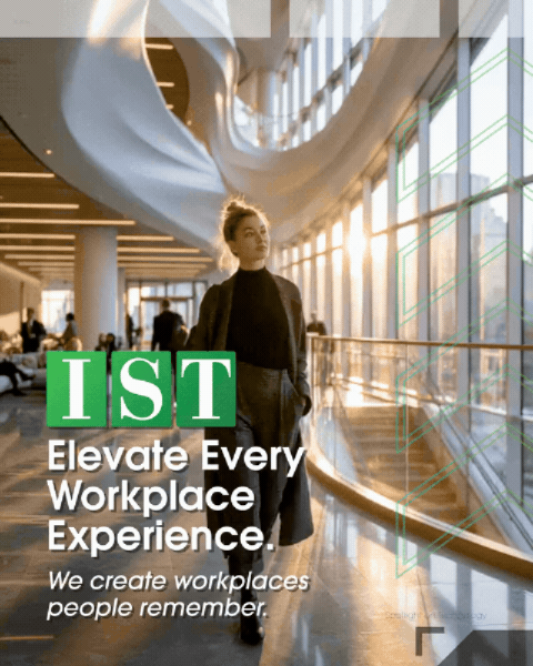 IST ad: “Flexibility Built Around You” with silhouetted people in a glass office and green “See How IST Delivers” button
