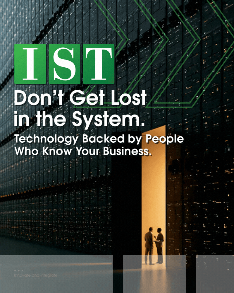 IST implementation poster with office silhouettes and orange-blue glass background, “Without the Headache” text
