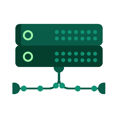 Two stacked green server units connected by a network cable.