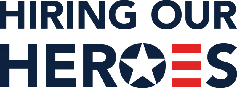 Hiring Our Heroes logo with blue and red text and a waving American flag motif
