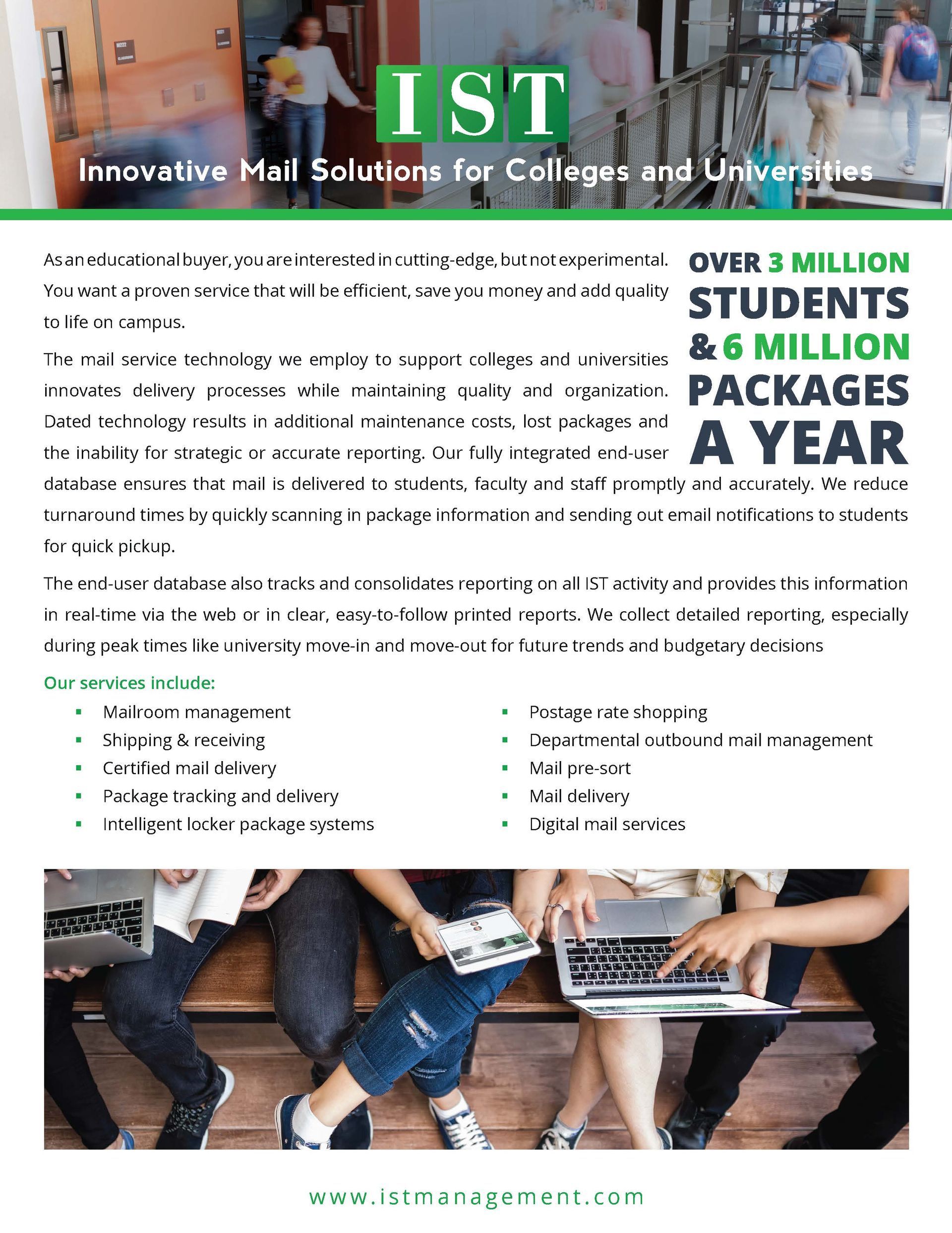 IST flyer about college and university tour packages, with students walking and a price claim banner.