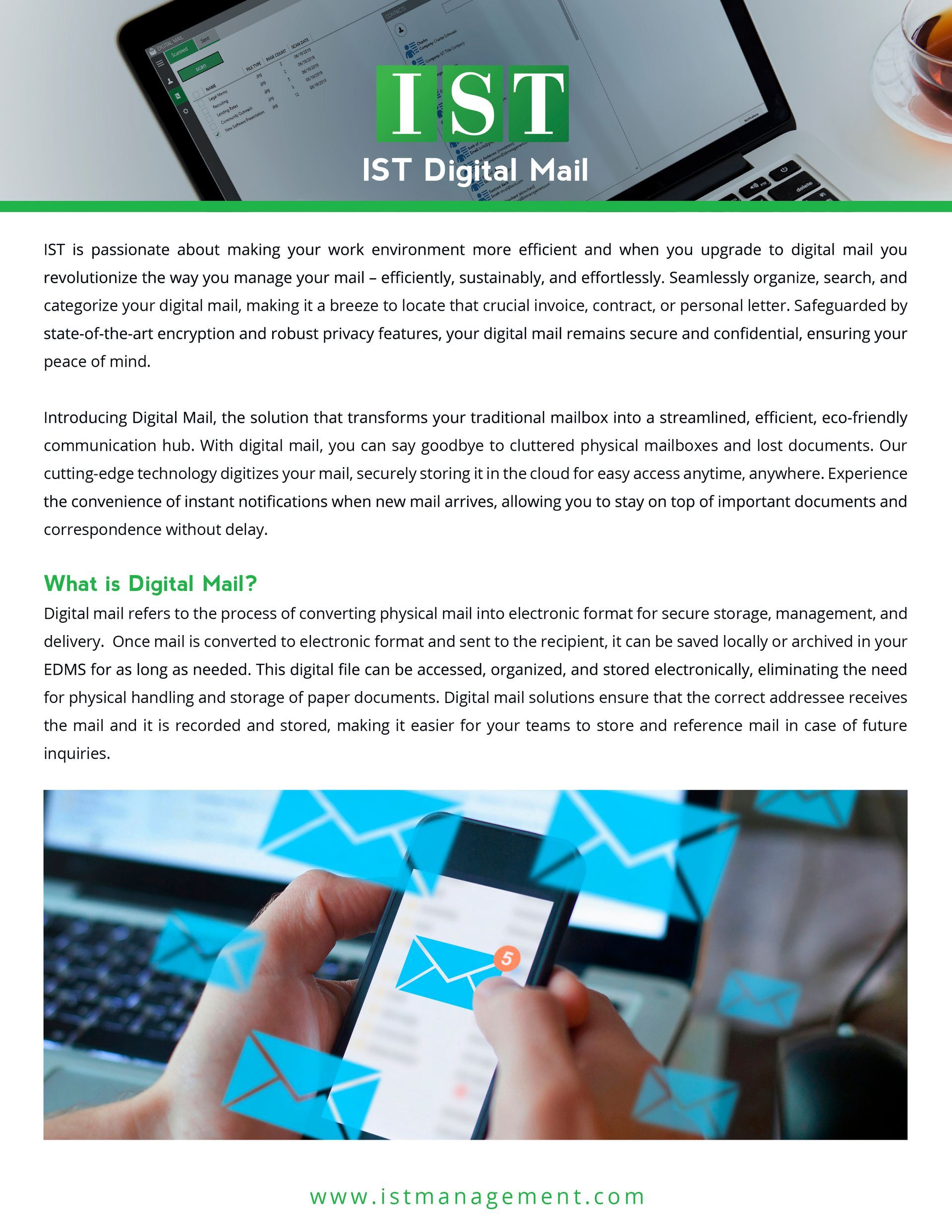 IST Digital Mail webpage with laptop, email text, and hands using a smartphone with blue envelope icons
