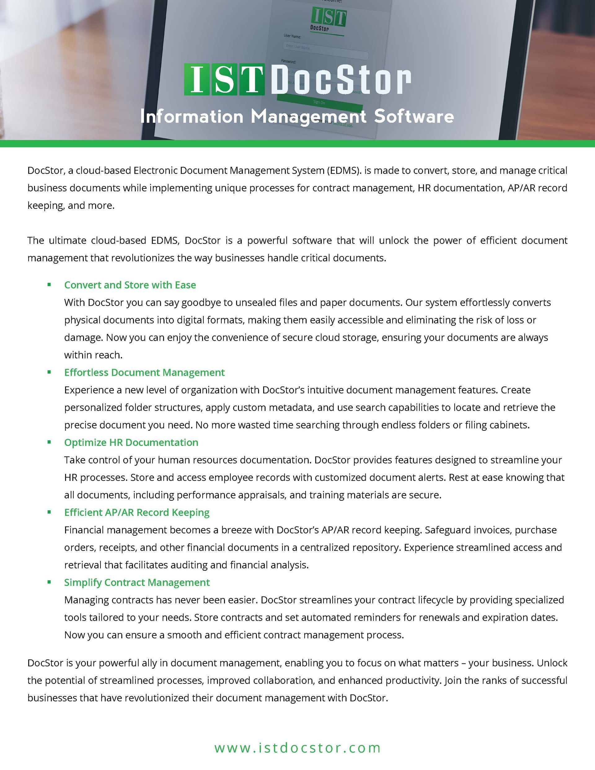 ISTDoctor Information Management Software webpage with green logo and a text-heavy feature list