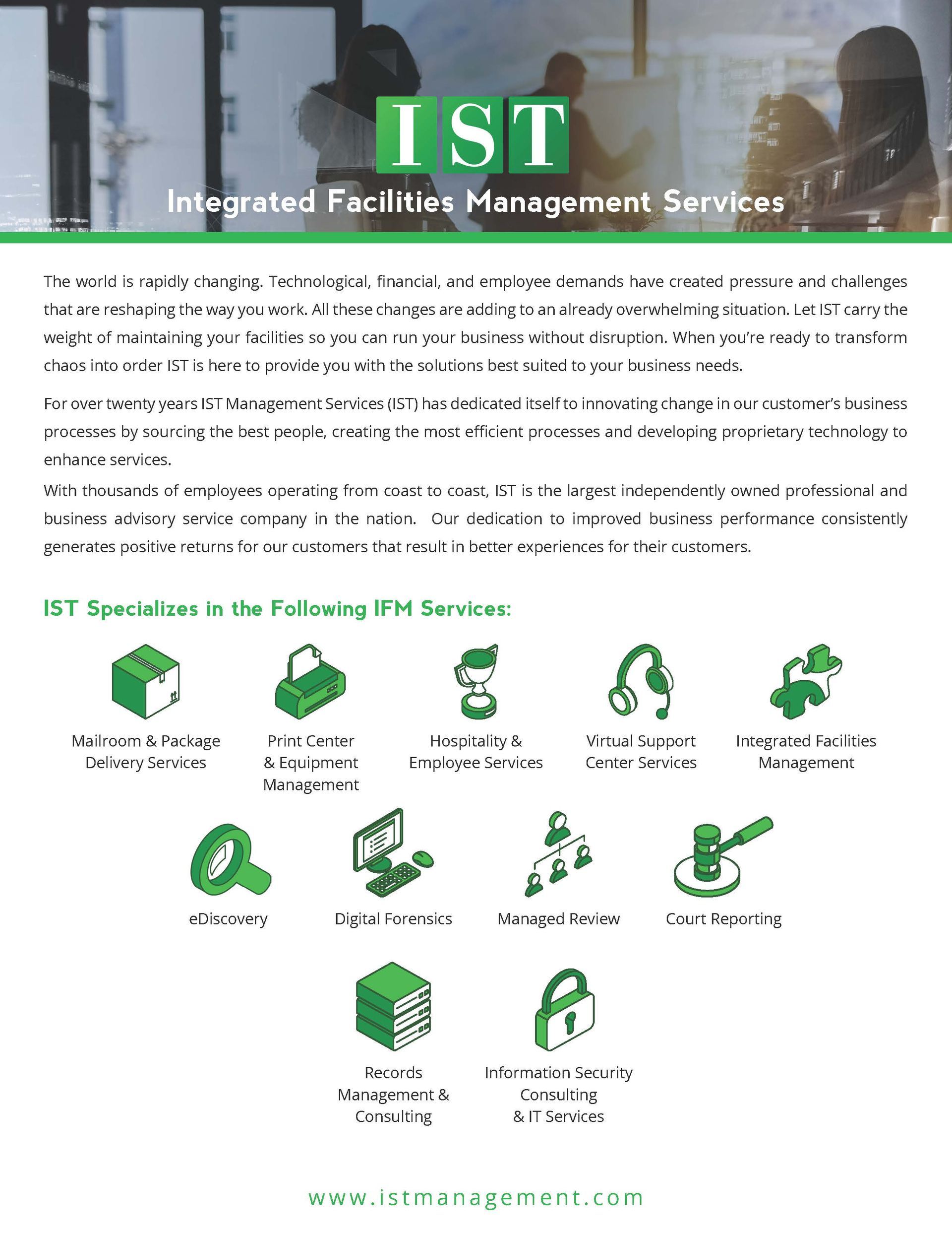 Green-and-white IST integrated facilities management services flyer with multiple service icons and text blocks
