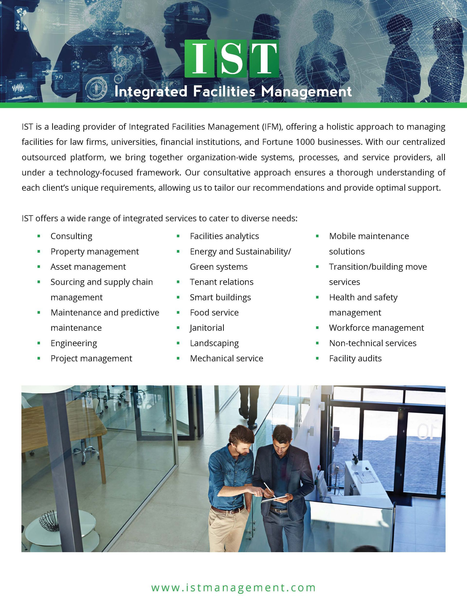 IST Integrated Facility Management brochure with text and a photo of two people working at a table in a bright office