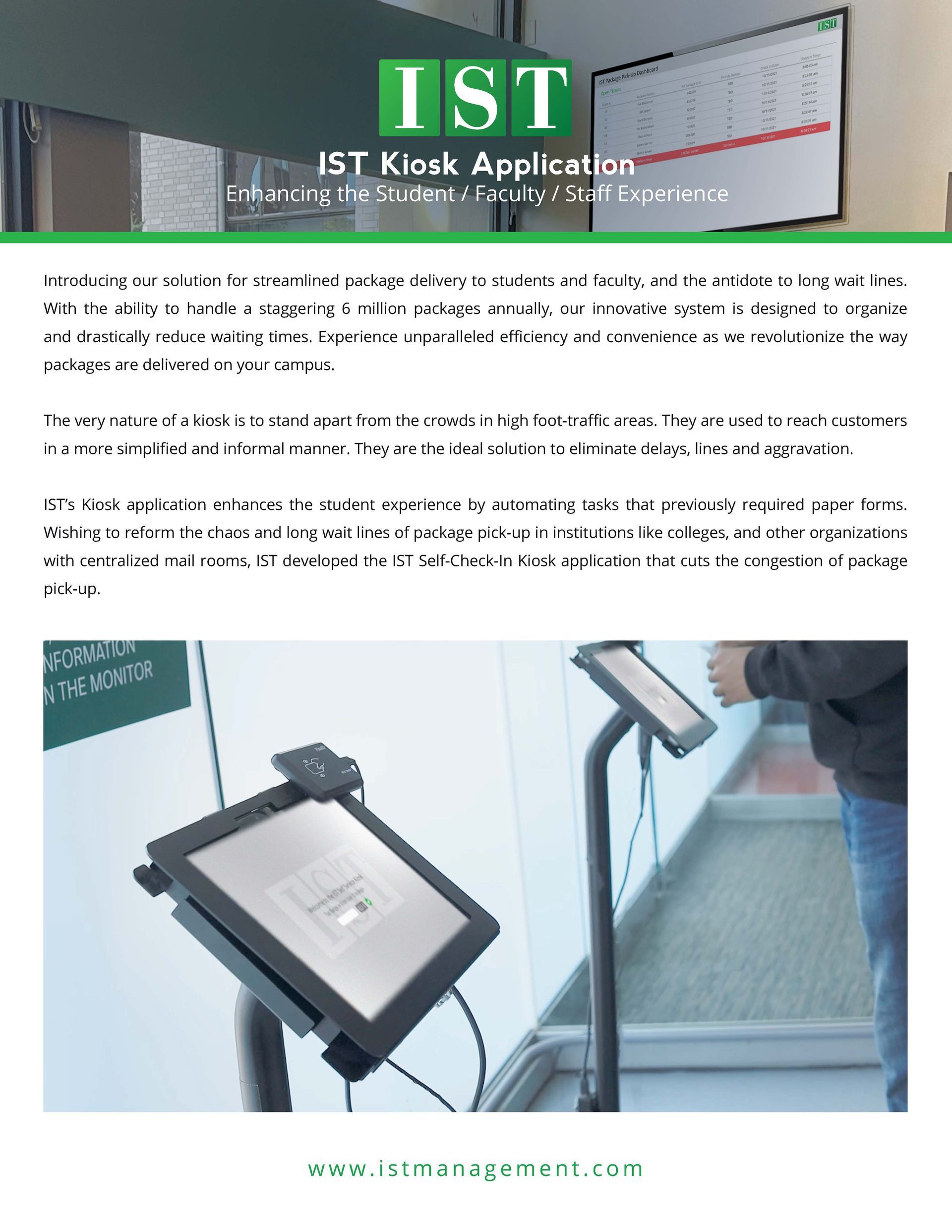 TST kiosk application page with text and a touchscreen terminal in a bright office lobby