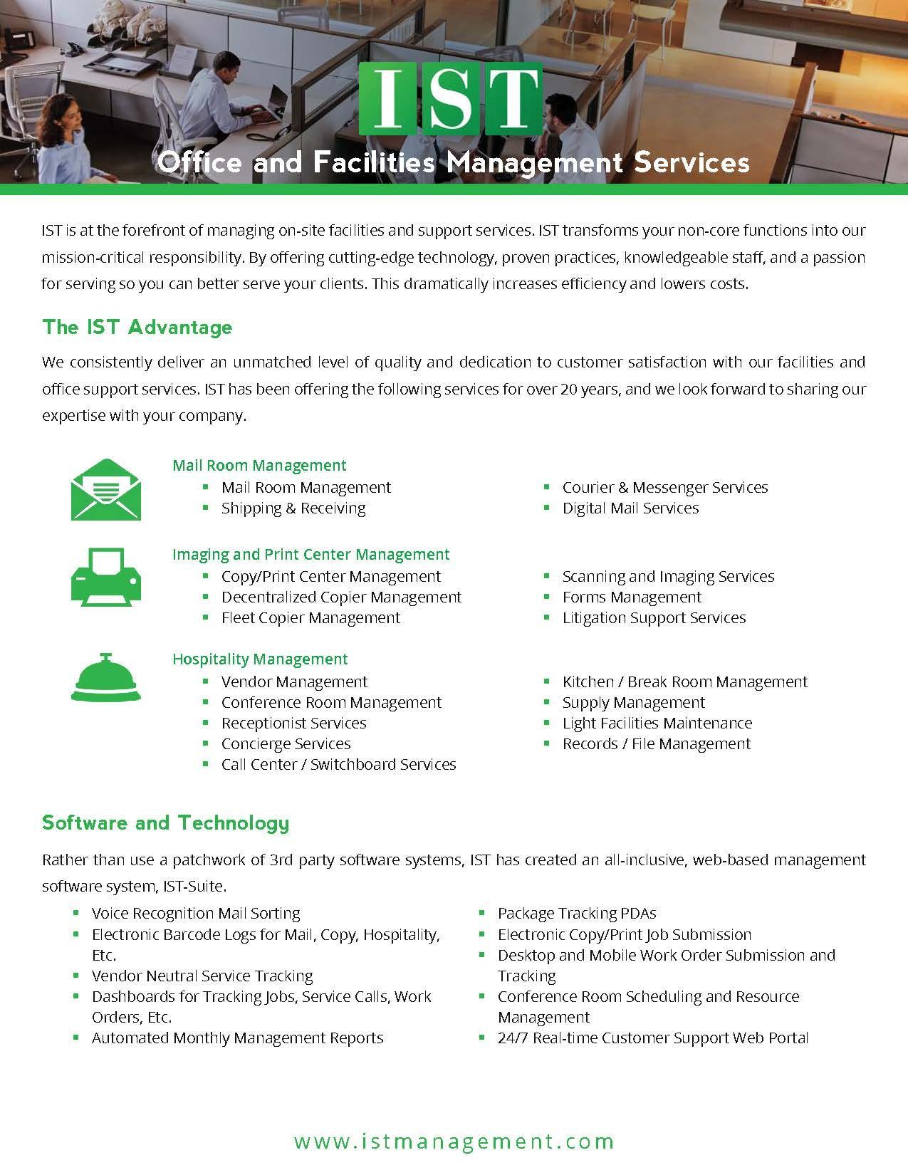 IST facilities management services brochure with green logo, service icons, and text on a white background