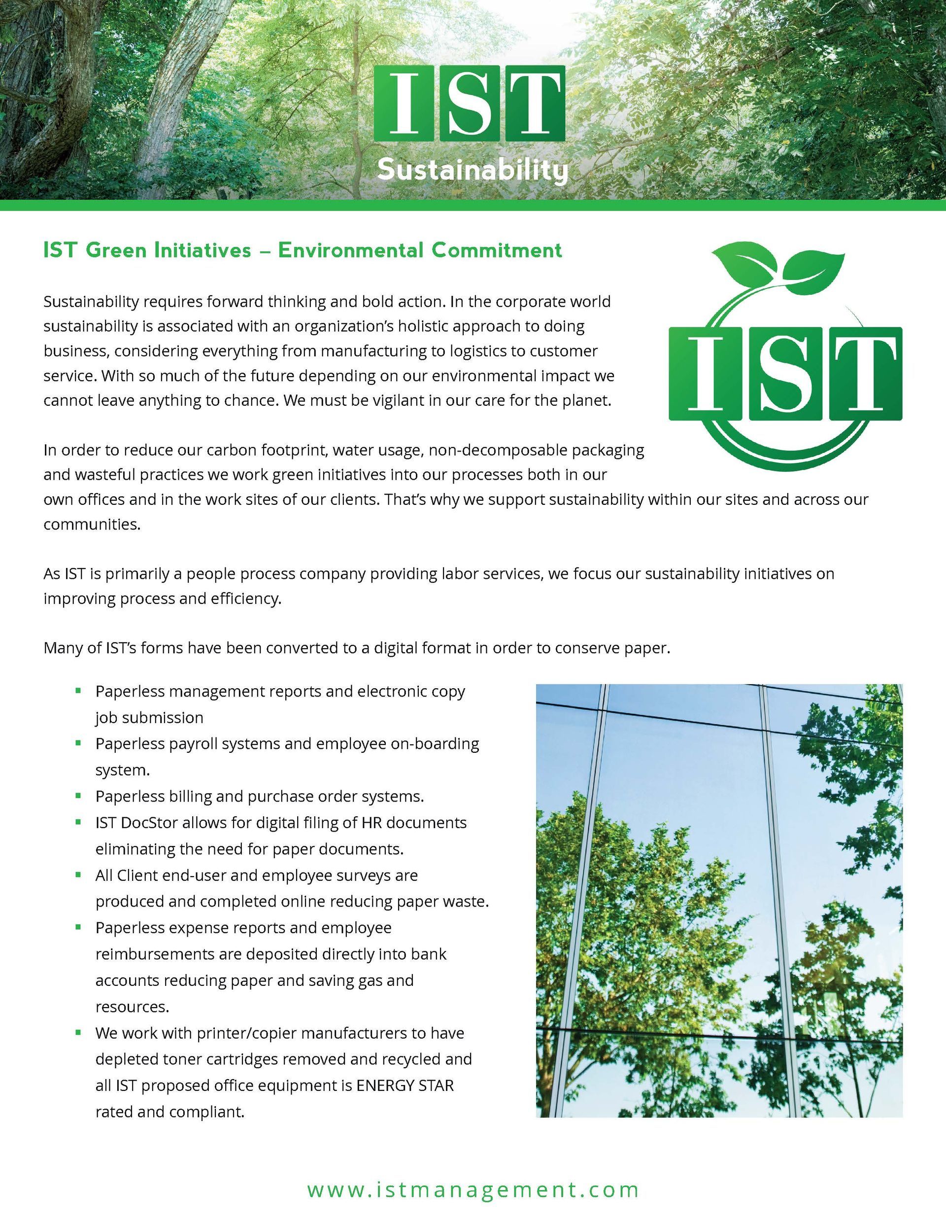 IST Green Initiative flyer with logo, text, and a photo of trees and sky