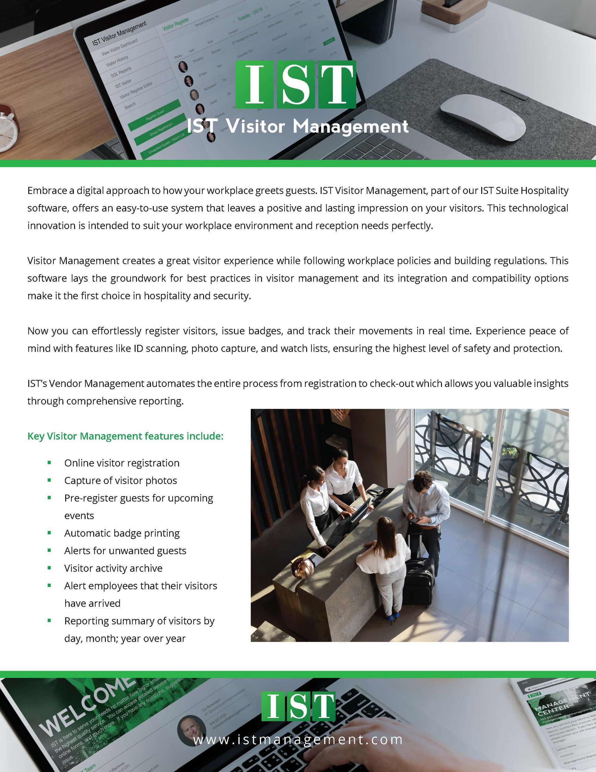 IST Writer Management webpage with green logo, text sections, and a small lobby photo of people at a desk