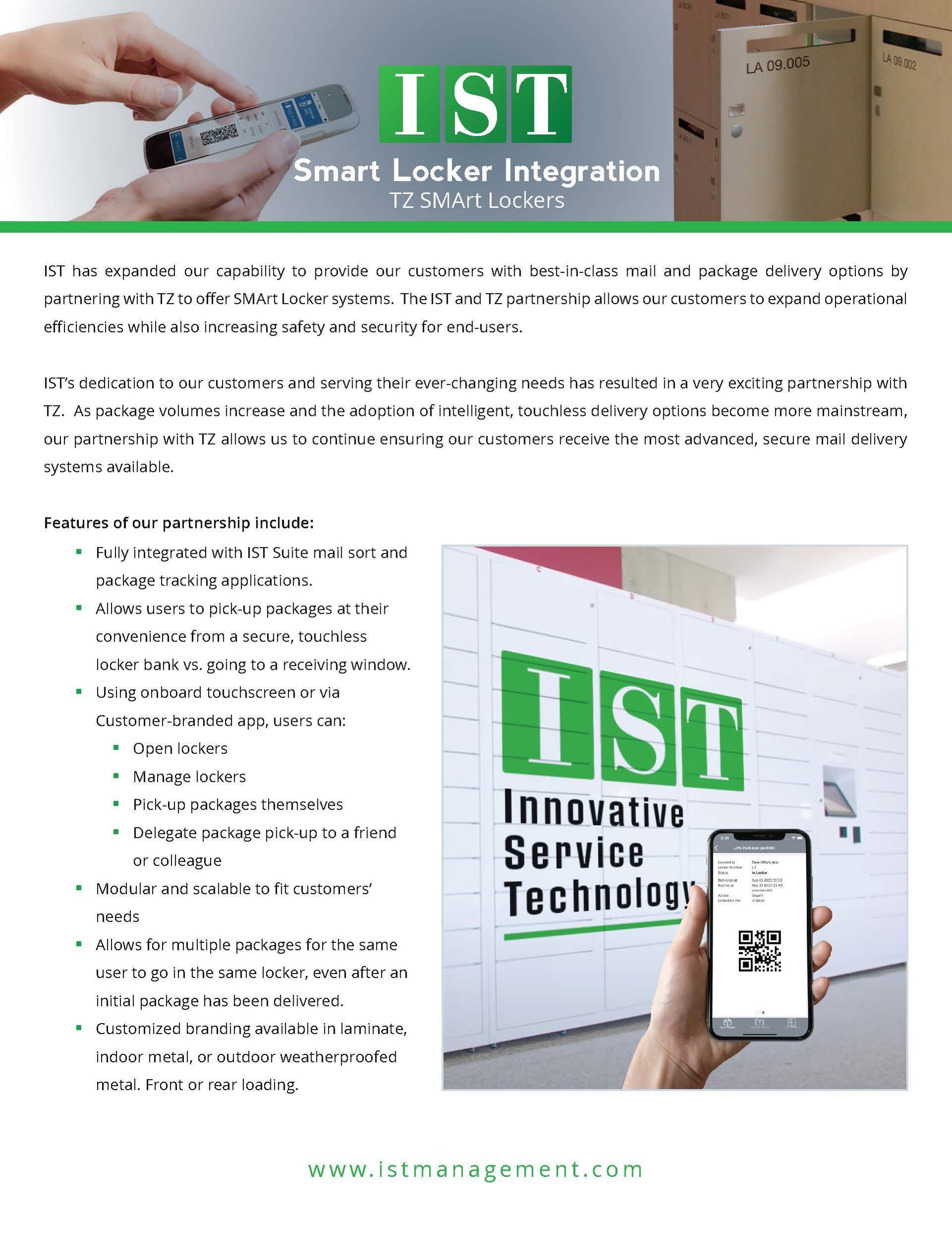 IST Smart Locker Integration poster with logo, product text, and a hand scanning a locker with a smartphone