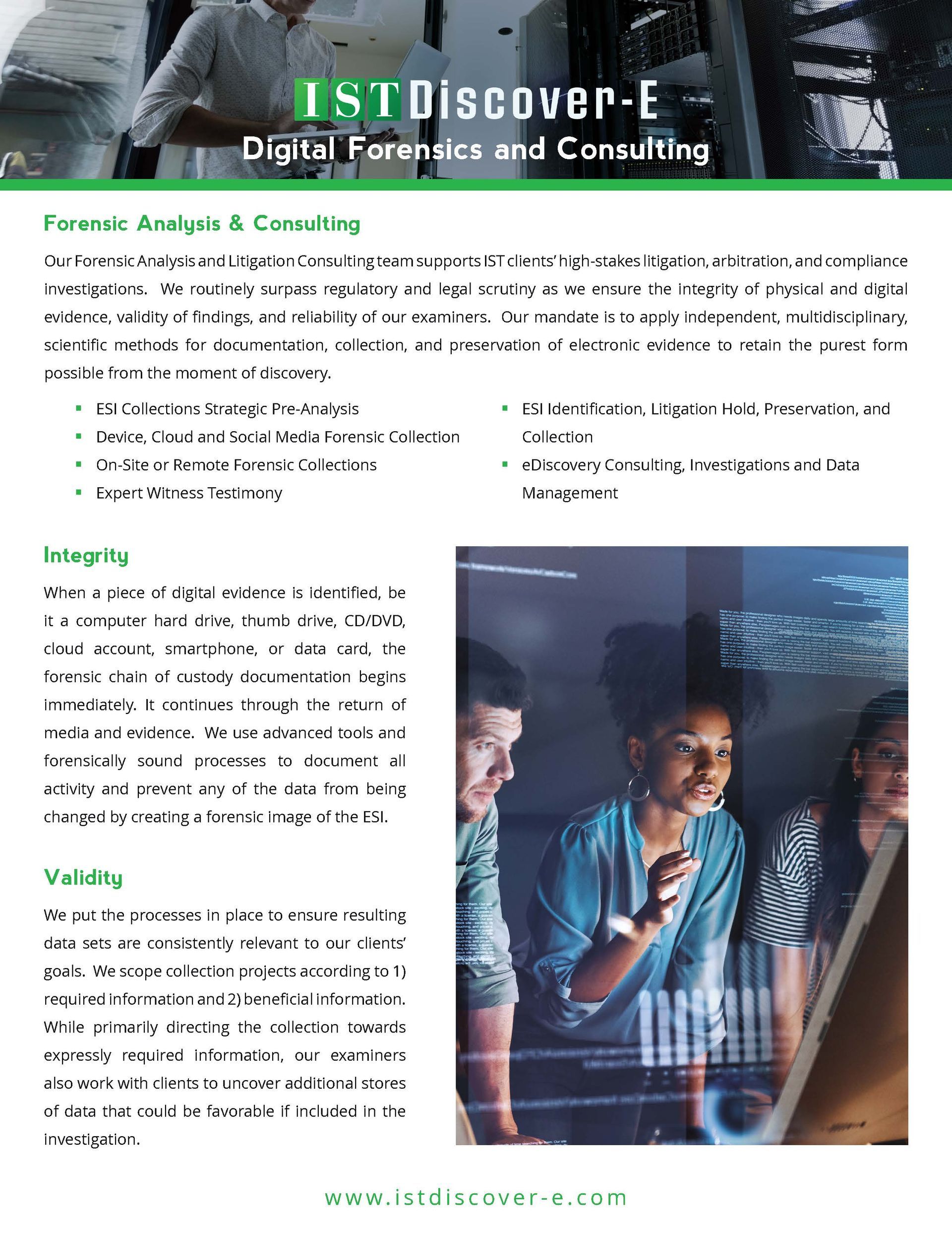 Business consulting webpage with text blocks and a photo of three people reviewing a glowing data display