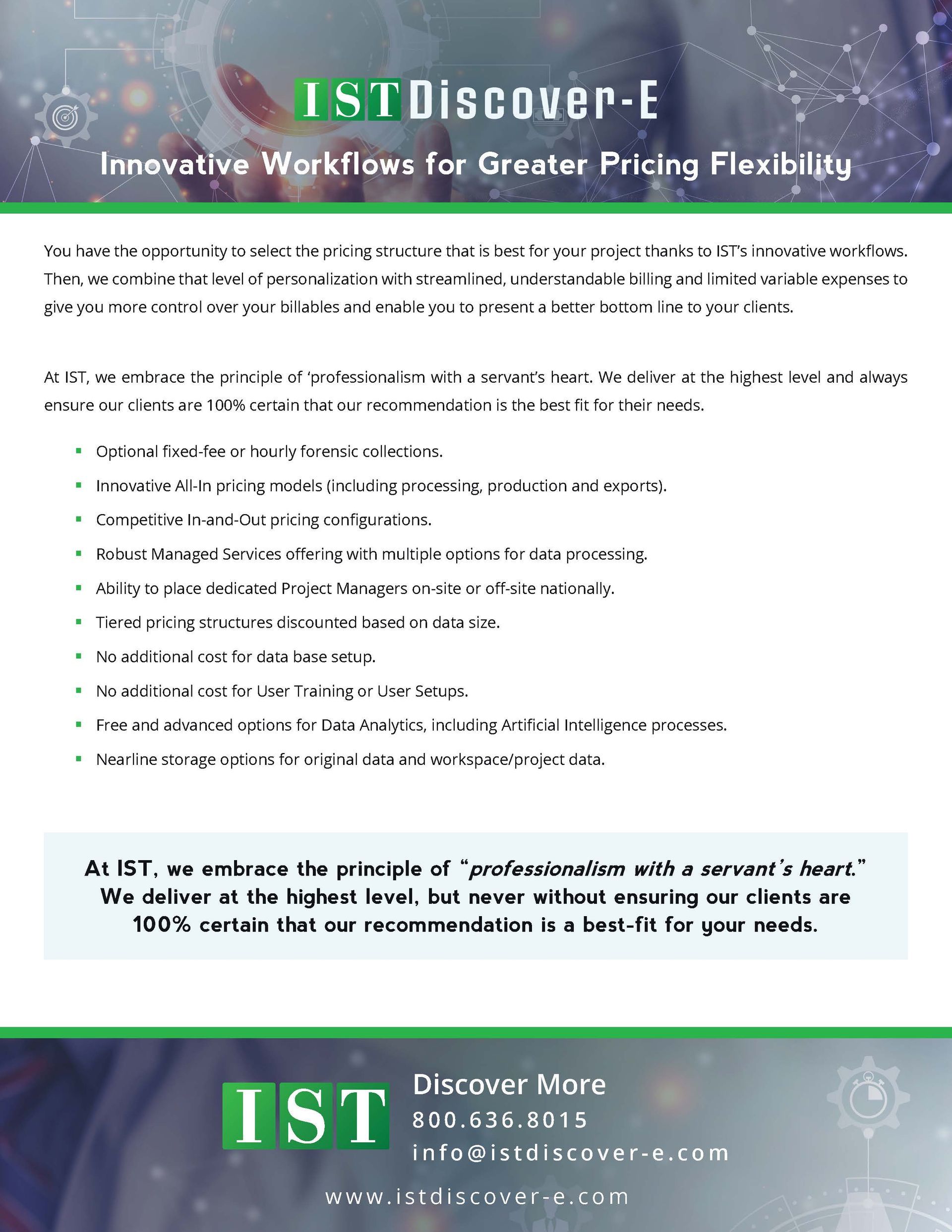 IST Discover-E flyer with white text panel, green header/footer, and bullet points on pricing flexibility program