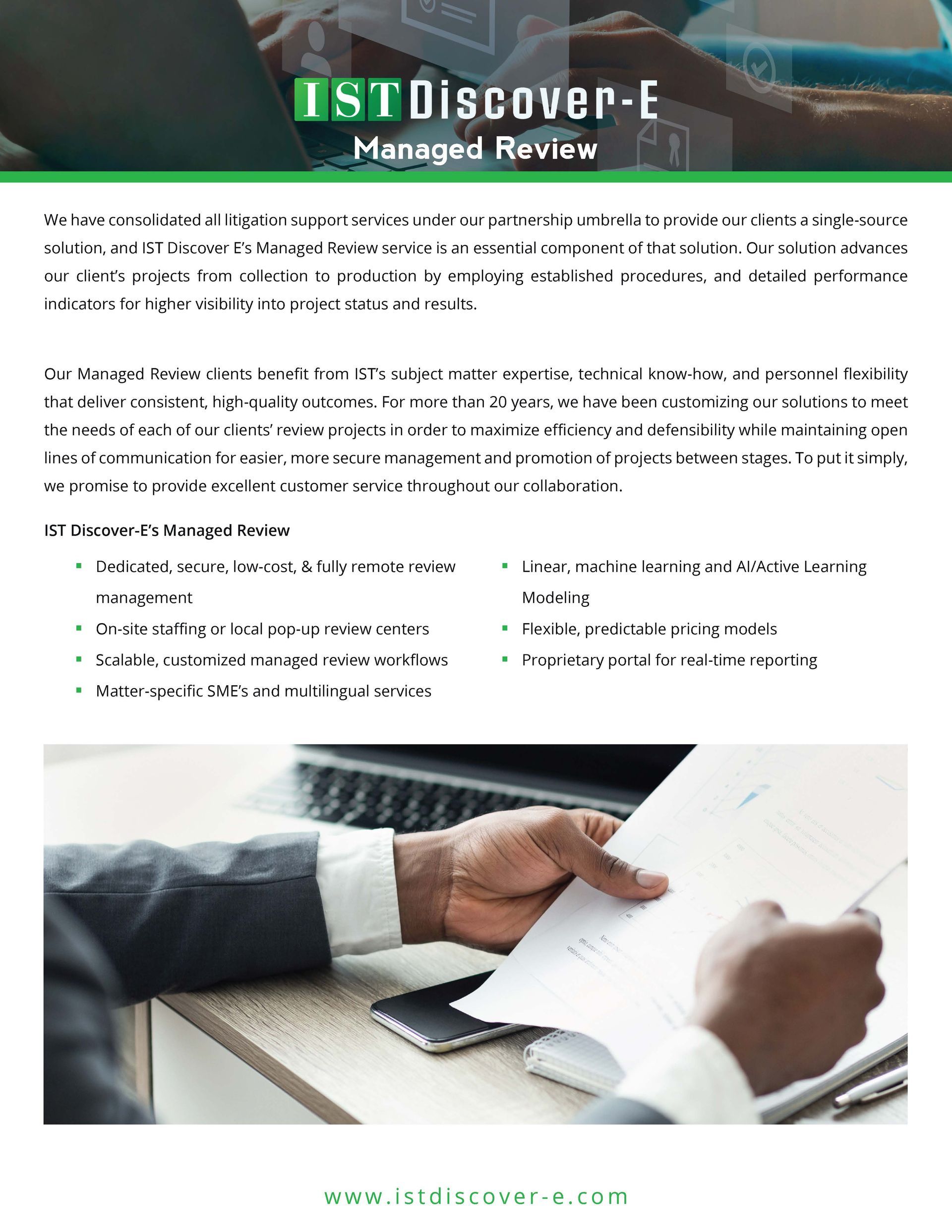 Brochure page with Discover E and a hand signing papers on a desk