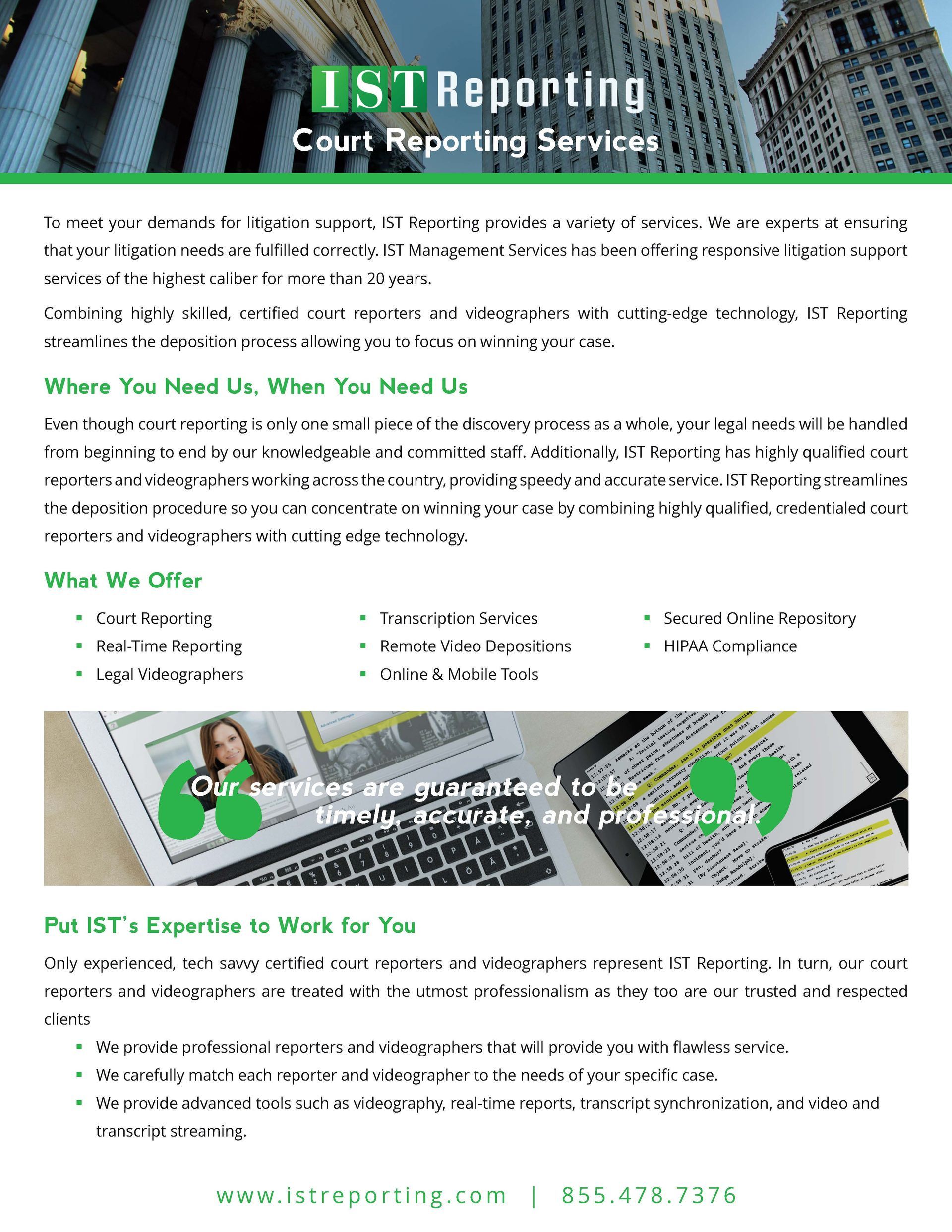 IST Reporting service flyer with green accents and laptop graphic, promoting court reporting services