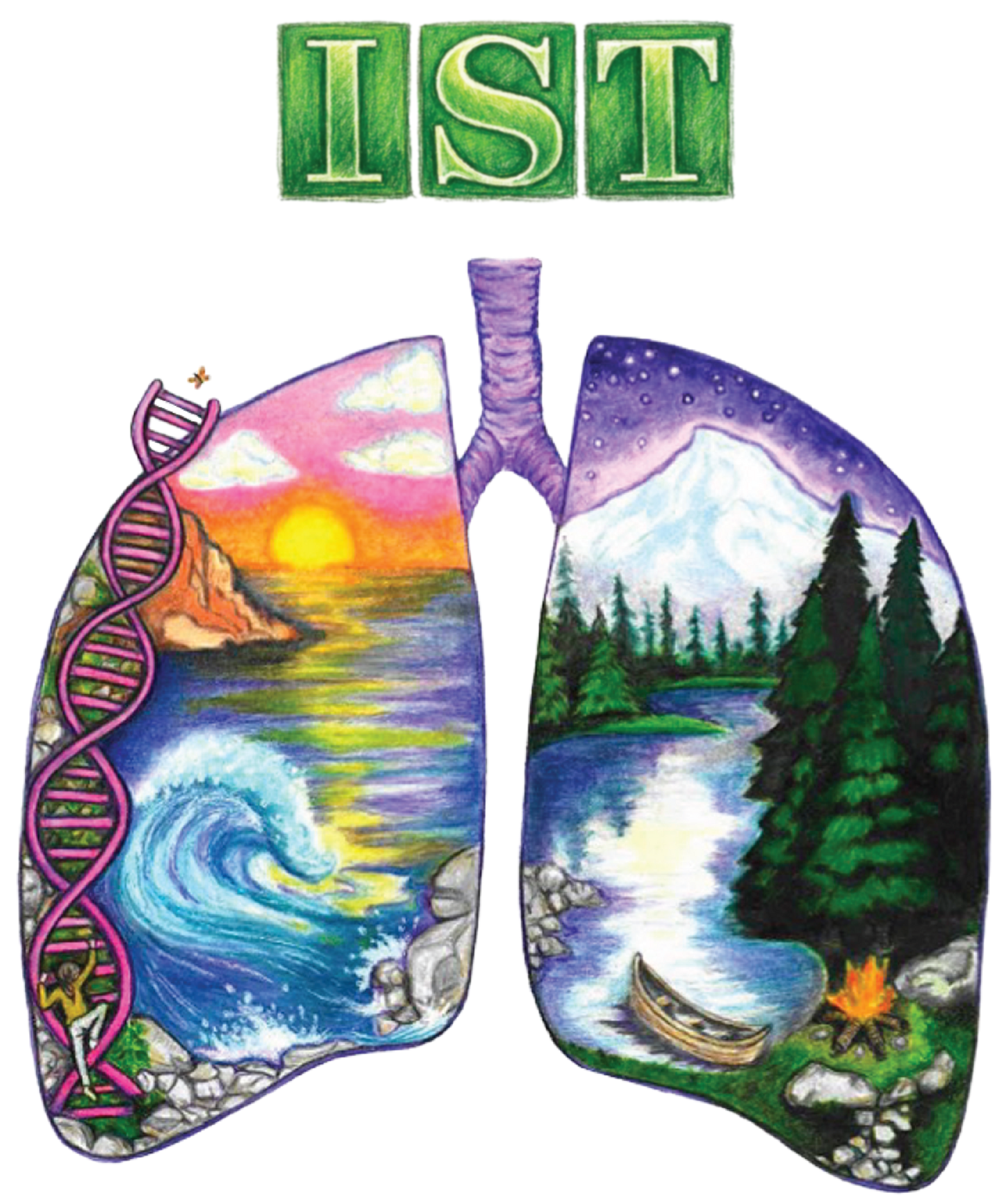 Illustration of lungs with ocean, forest, and mountain scenes, DNA strand, and the word “IST” above.