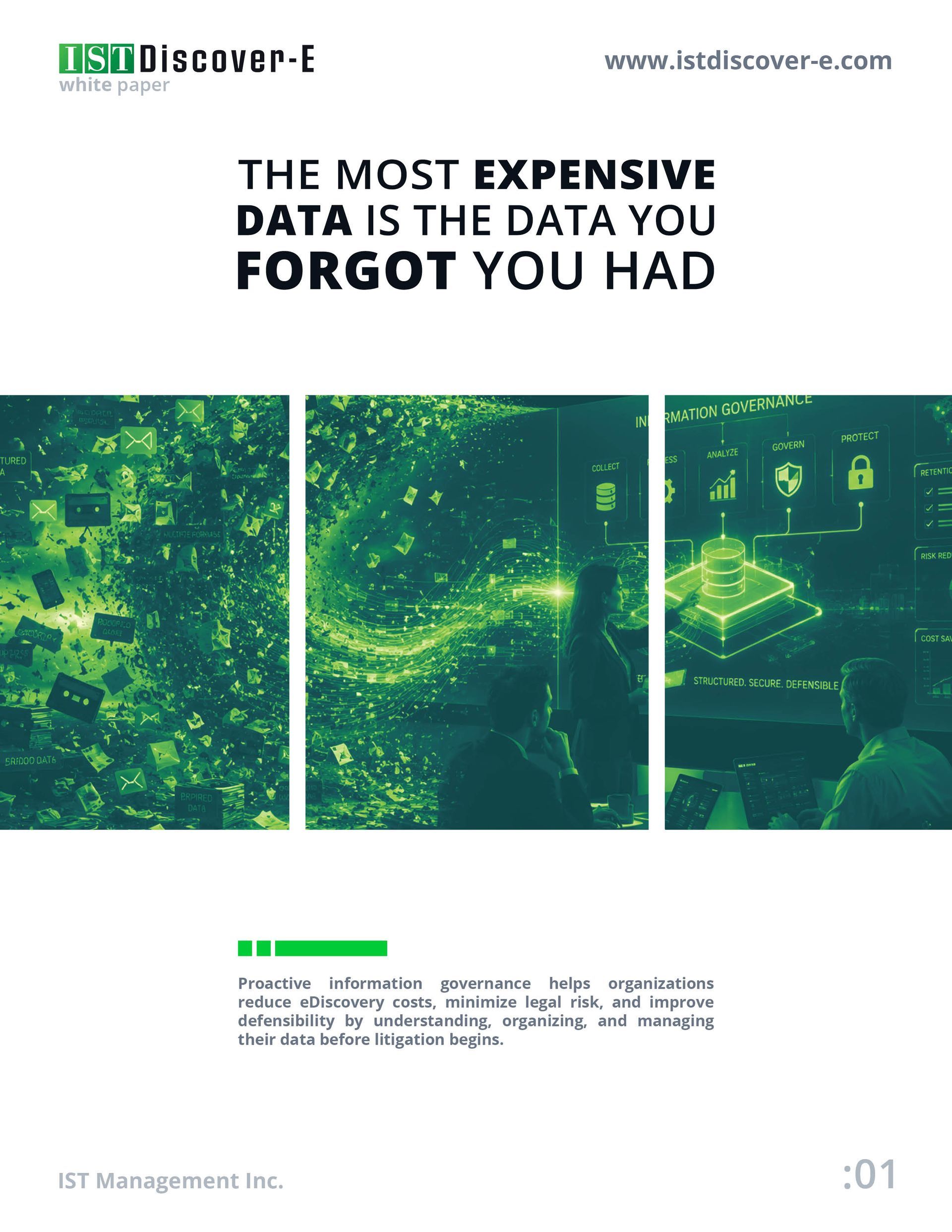 Green tech-themed marketing flyer with the text “The most expensive data is the data you forgot you had.”