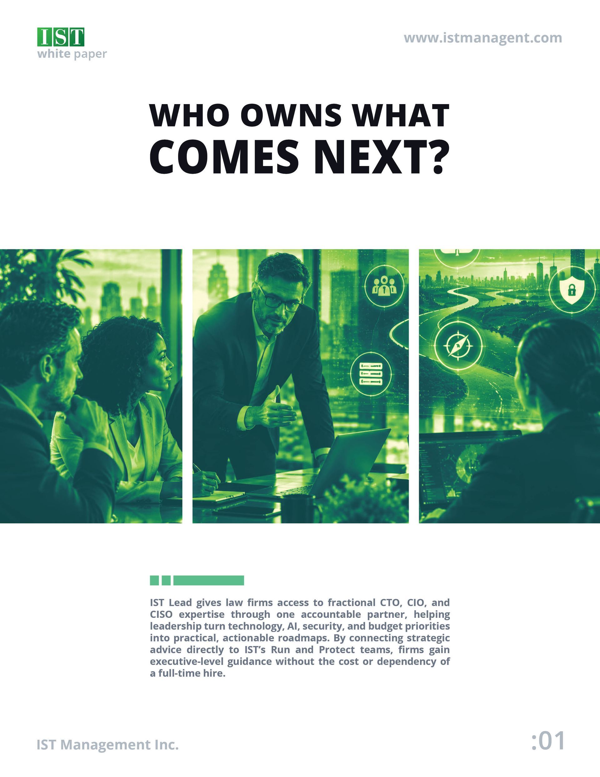 Green-tinted business collage with headline “Who owns what comes next?” and four office scenes.