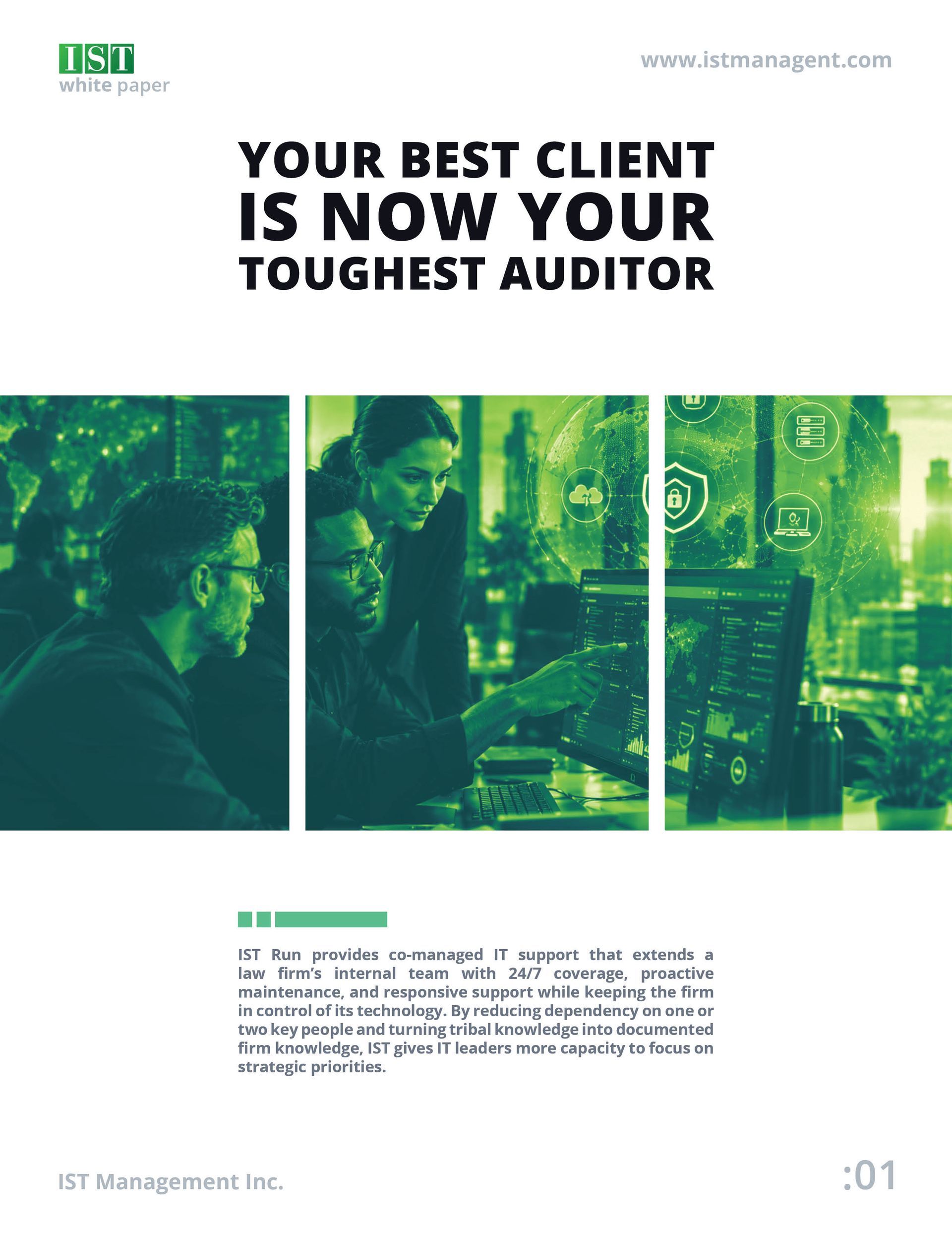 Green-tinted business office collage with text: “YOUR BEST CLIENT IS NOW YOUR TOUGHEST AUDITOR.”