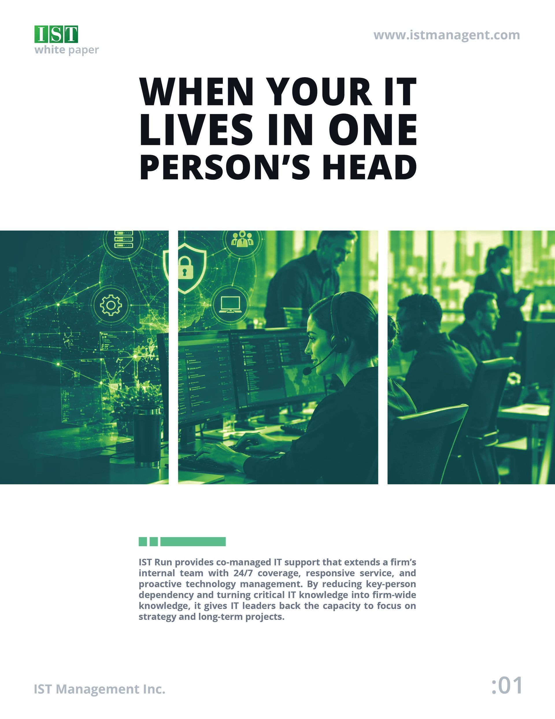 Green-themed ad with headline “When your IT lives in one person’s head” over office photos and text.