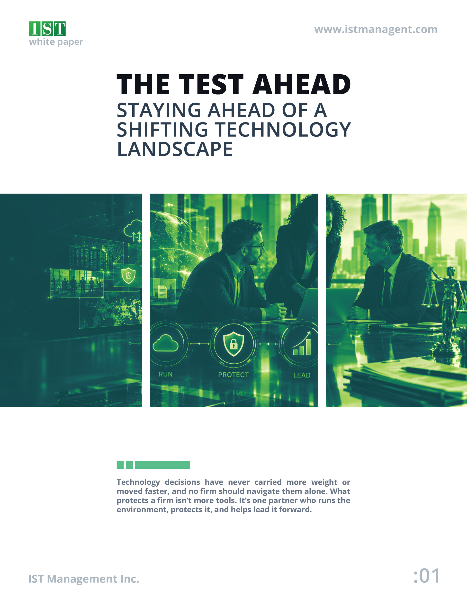 Business magazine cover with green-tinted office workers and the headline “The Test Ahead” on shifting technology landscape