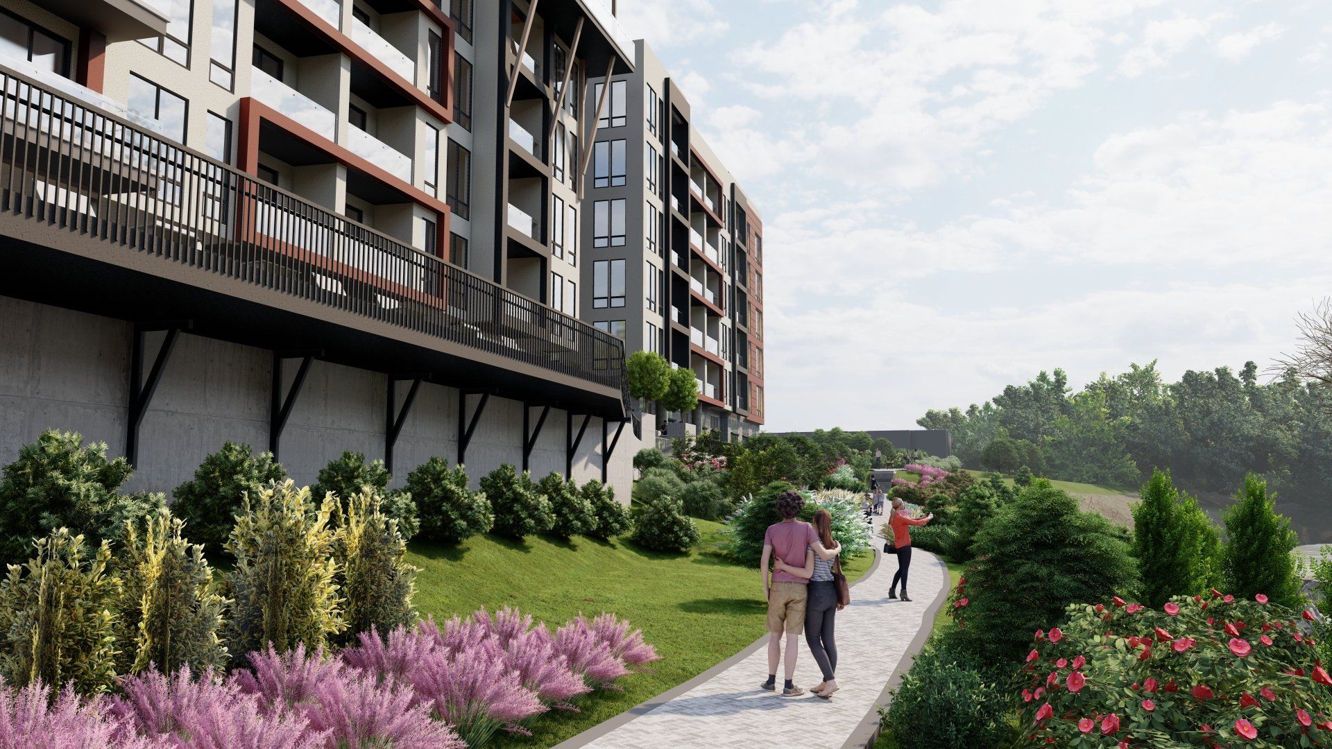 People walking on a garden path beside modern apartments and colorful flowers.