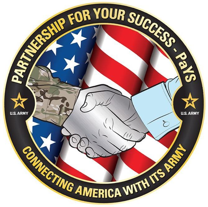 U.S. Army partnership emblem with handshake over U.S. flag“Partnership for Your Success” “Connecting America with Its Army”