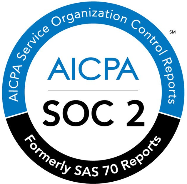 AICPA SOC 2 badge with blue and black seal, text “Service Organization Control Reports” and “Formerly SAS 70 Reports”
