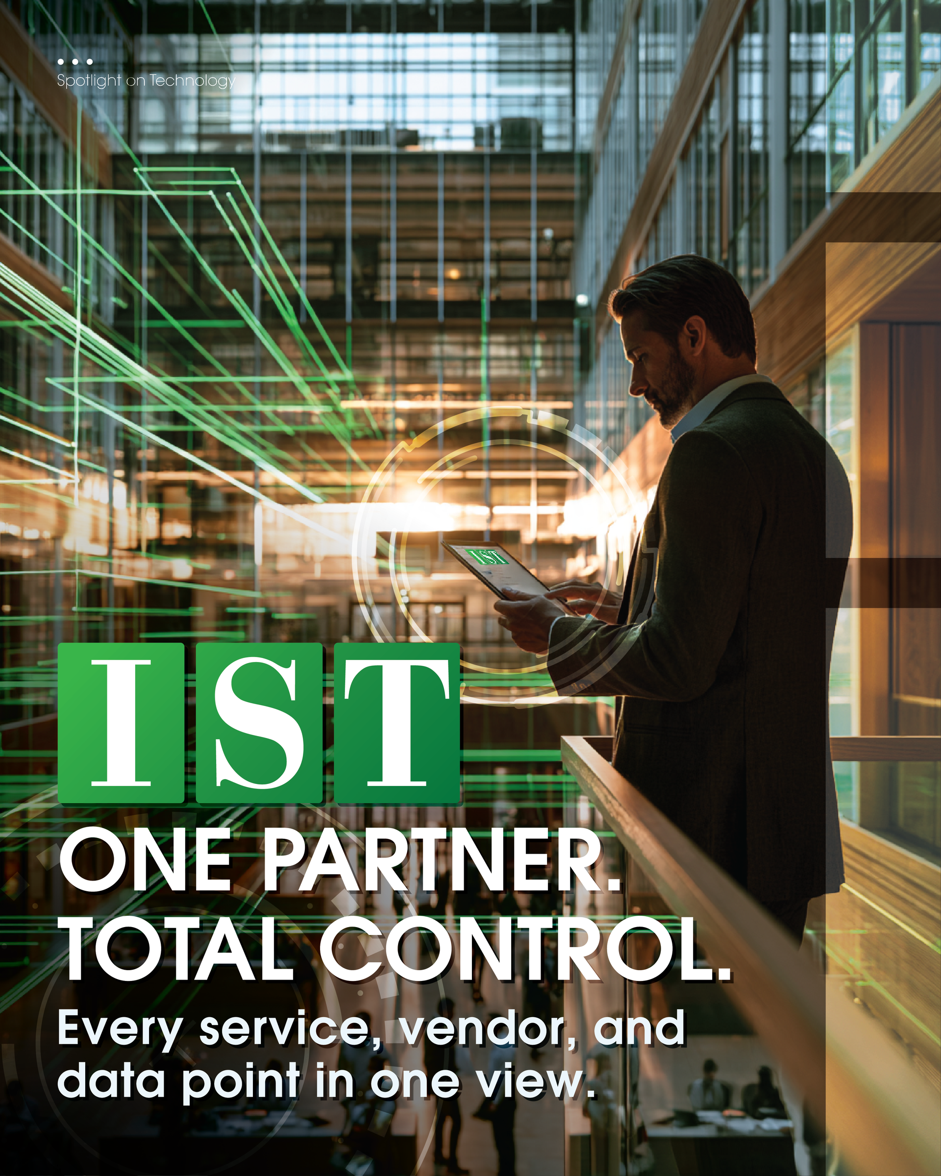 IST ad: “Flexibility Built Around You” with silhouetted people in a glass office and green “See How IST Delivers” button