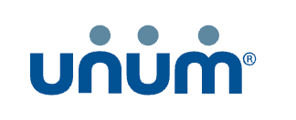 Unum logo in blue lowercase letters with three gray dots above the “u”s