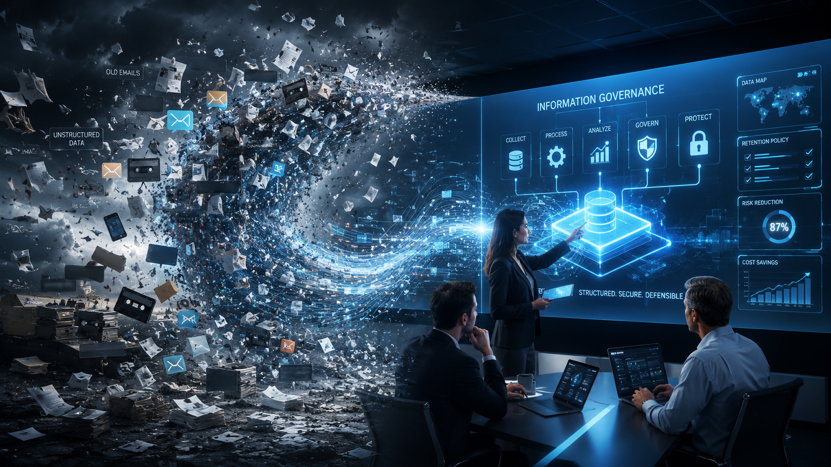 Two people in a futuristic control room monitor a glowing digital network and data dashboard.