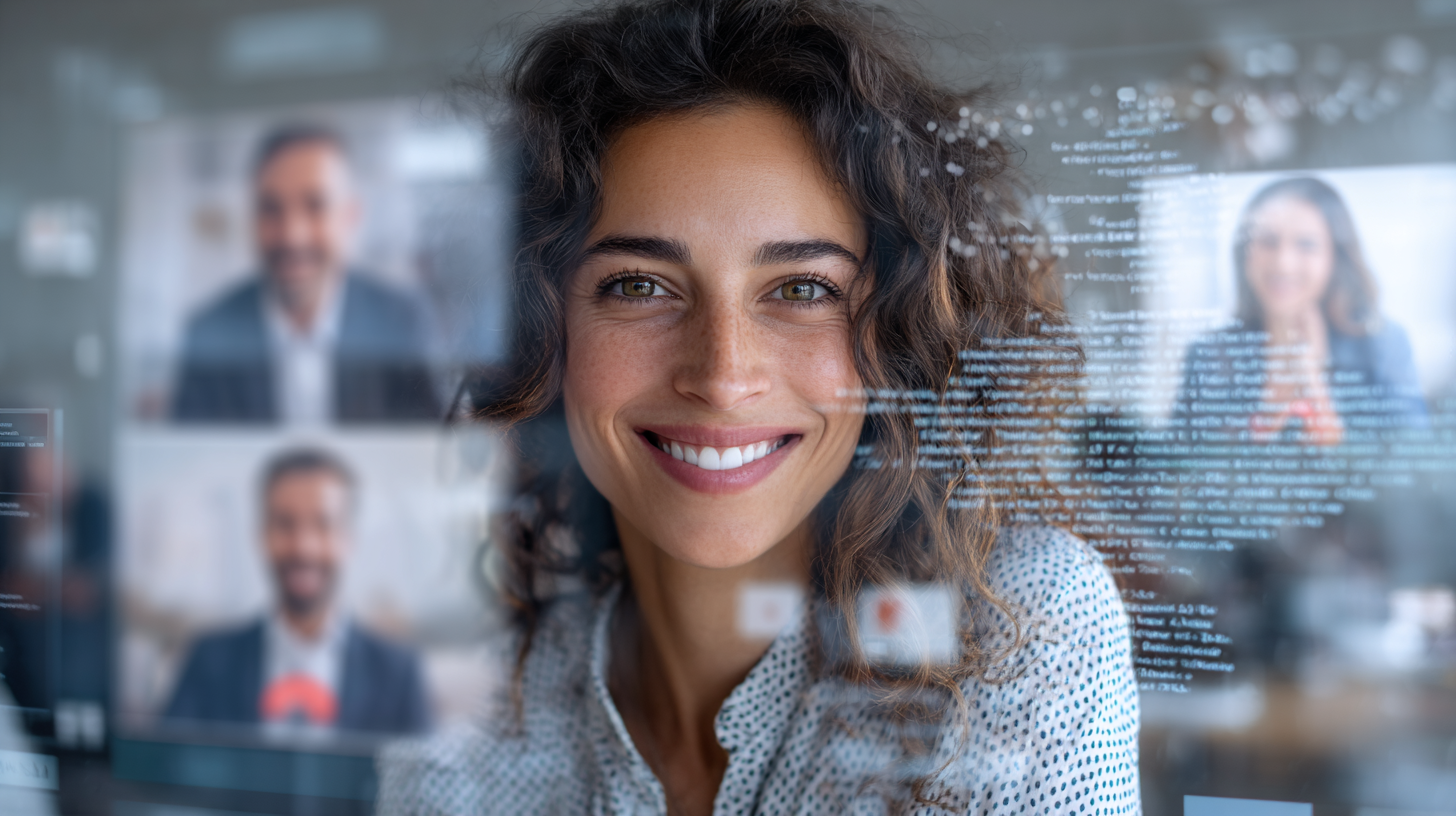 Smiling woman on a video call with multiple participants on screen
