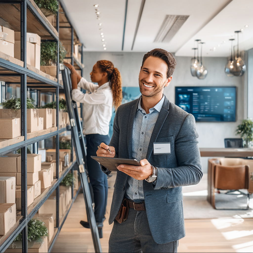 A smiling man in a blazer holds a clipboard in a warehouse while a coworker stands on a ladder reaching for a shelf.