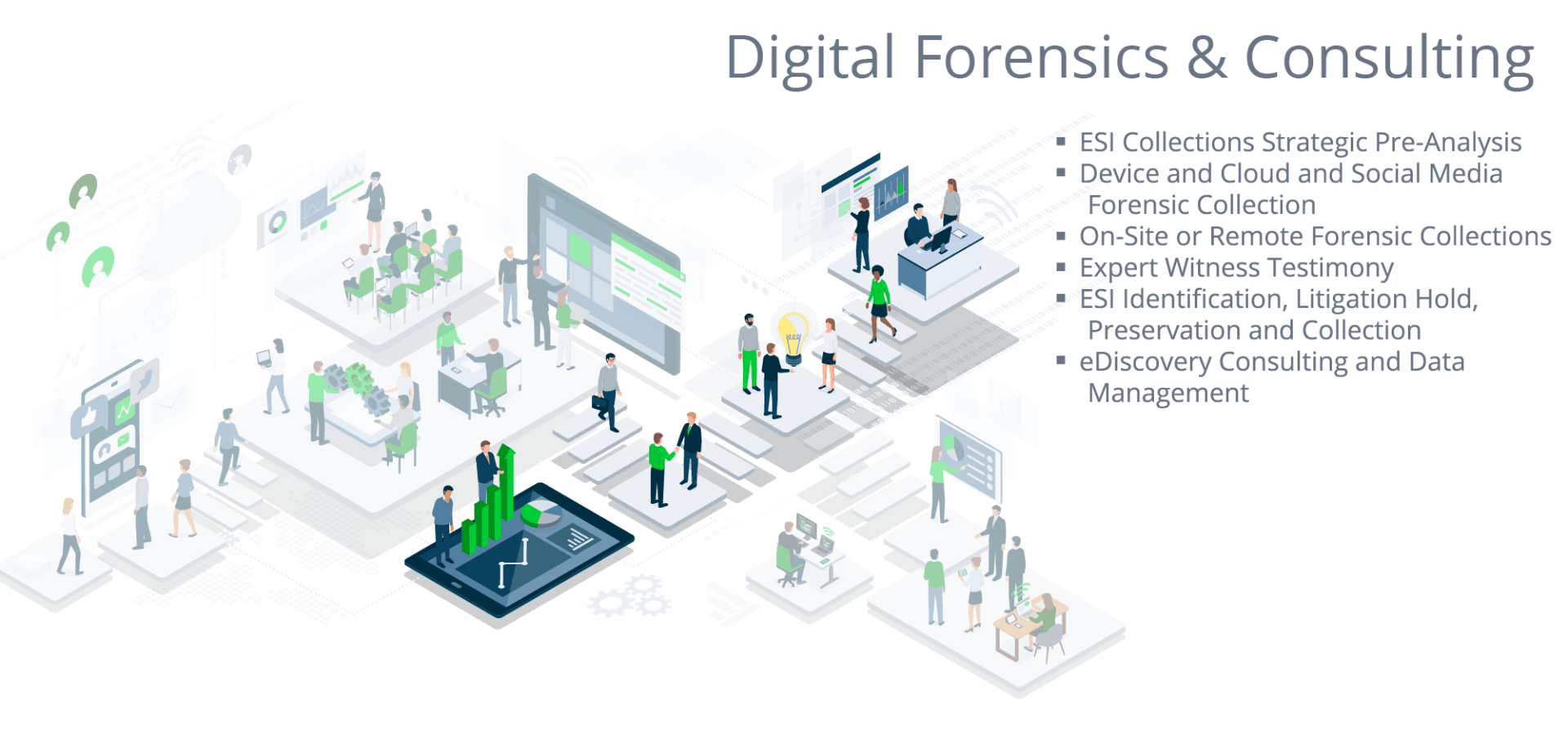 Digital forensics consulting banner with blue title, isometric office scenes, and bullet points on the right