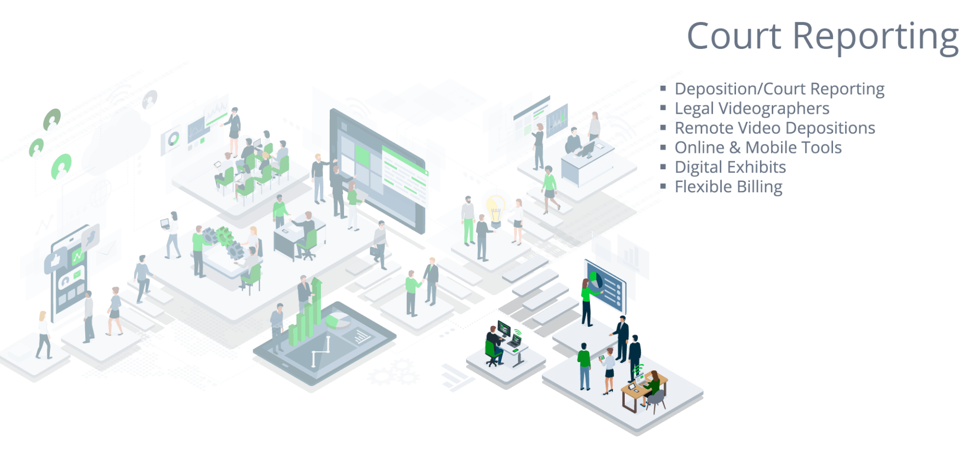 Court reporting infographic with document icons, teams, and a large screen in a clean white workspace