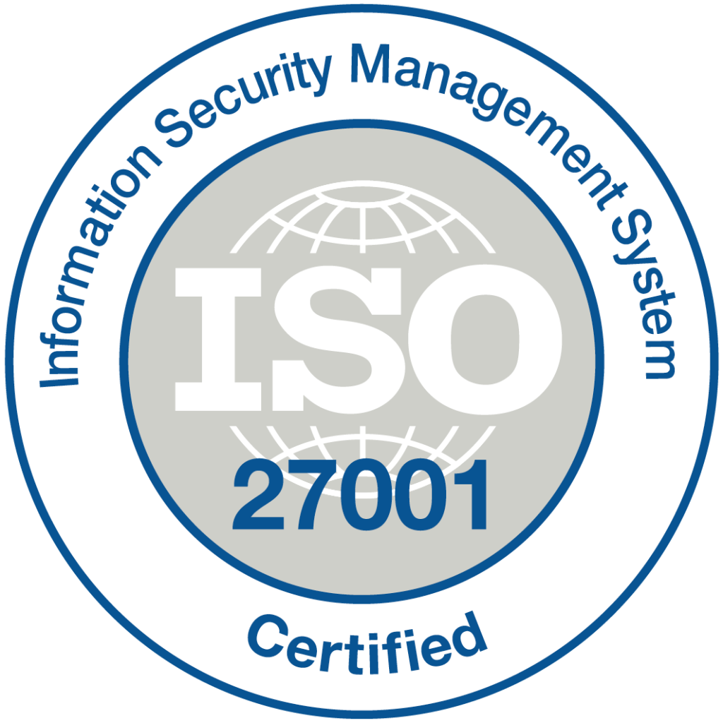 ISO 27001 certified seal with blue circular border and white center text