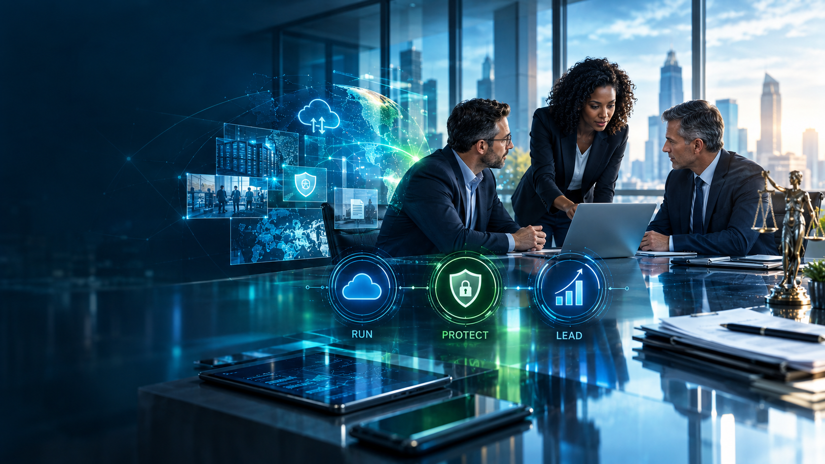 Three business professionals review glowing cybersecurity data at a futuristic glass table.