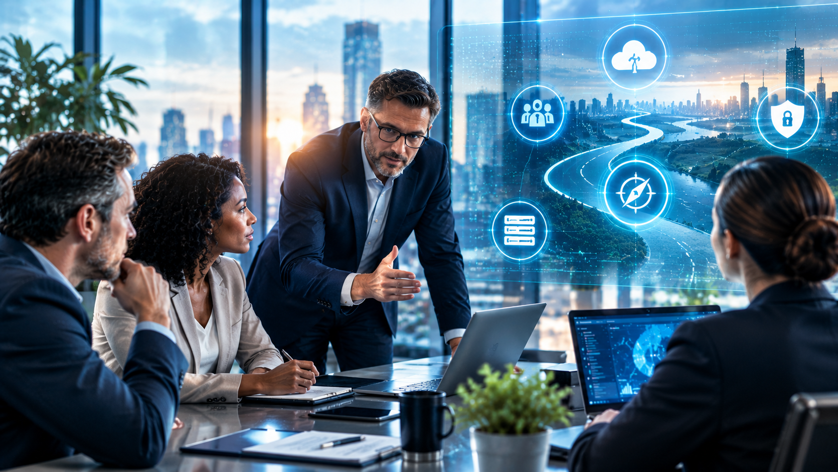 Business team in a glass conference room discussing cloud technology data