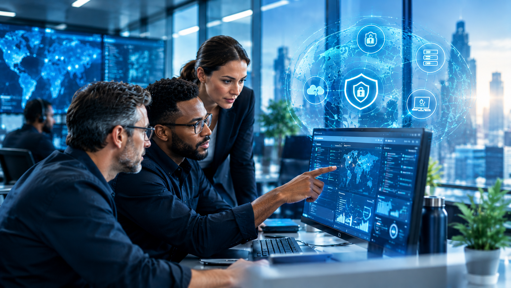 Team analyzing data on laptop in a blue-lit office with cyber security graphics on glass wall