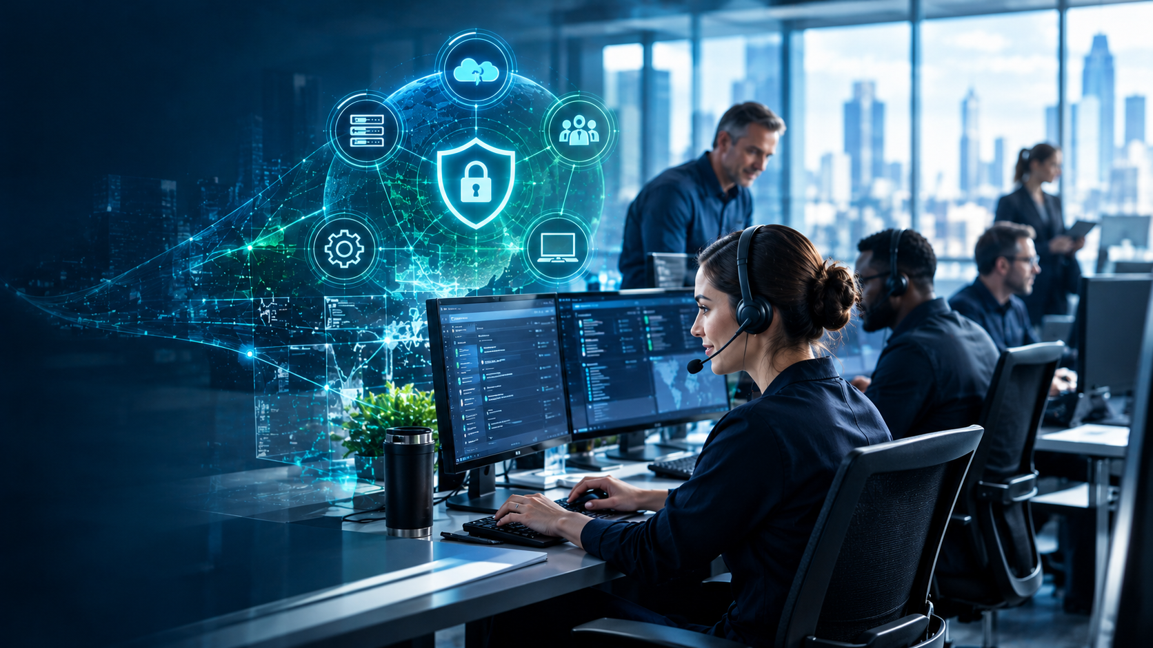 Cybersecurity team analyzing data on multiple monitors with a glowing digital network overlay