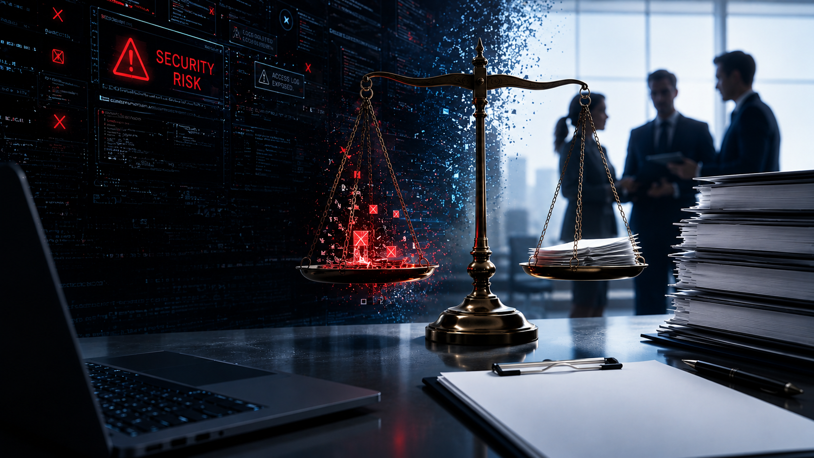 Cybersecurity law scene with glowing scales, laptop, warning icon, and people in a dark office