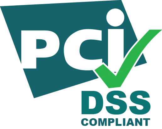 PCI DSS compliant logo with teal check mark and green accent on white background