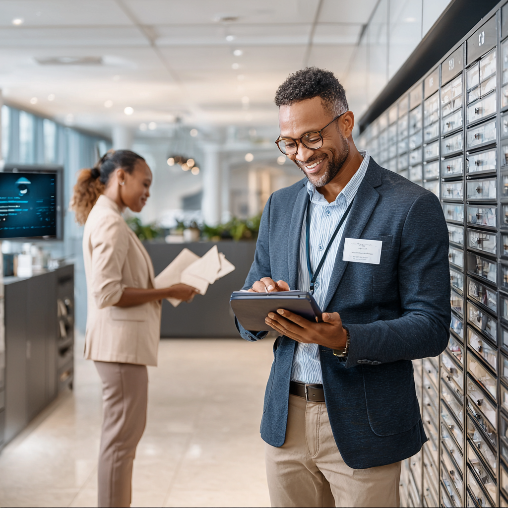 A professional in a blazer uses a tablet while standing near a wall of lockers, with another person working in the distance.