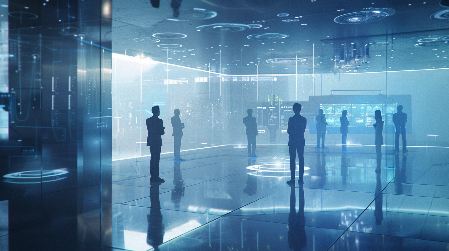 Silhouetted people stand in a blue-lit glass conference room with holographic displays and reflective floors.