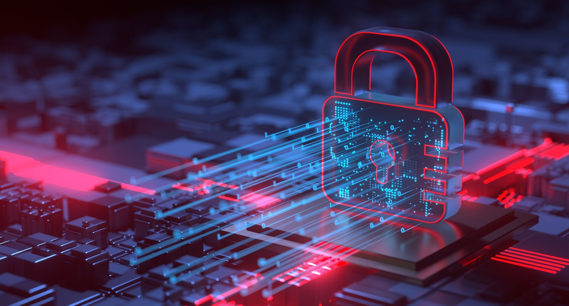 Glowing digital padlock over a futuristic circuit board in red and blue light